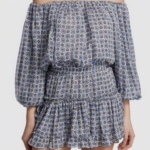 NWT MISA Los Angeles Zonia Off-The-Shoulder Chiffon Mini Dress in Scorpios Tile